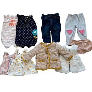 Baby Girl Bundle - 9 items, rompers, dresses, jeans, quilted jacket, 6-12mos.